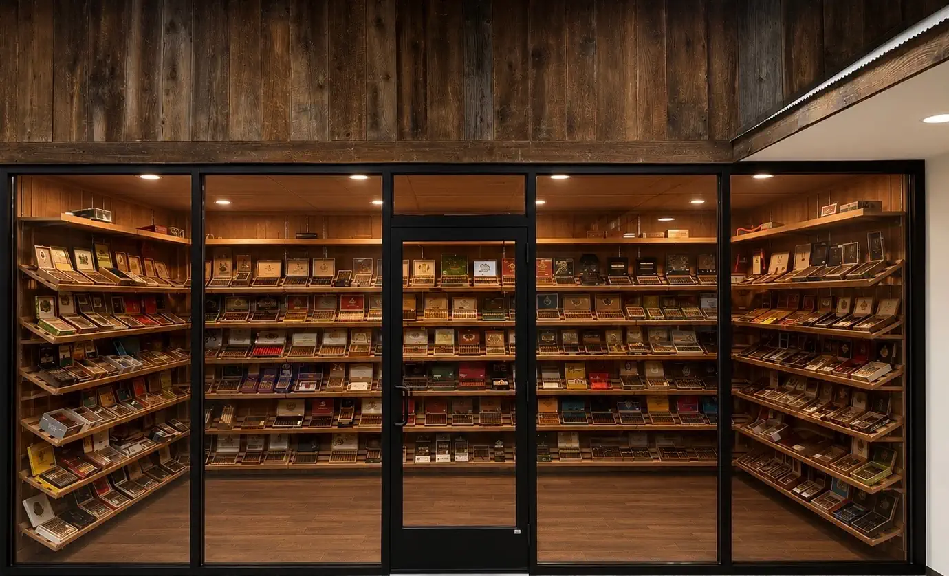 Brewie Louie's walk-in humidor — floor-to-ceiling glass cases stocked with cigar boxes